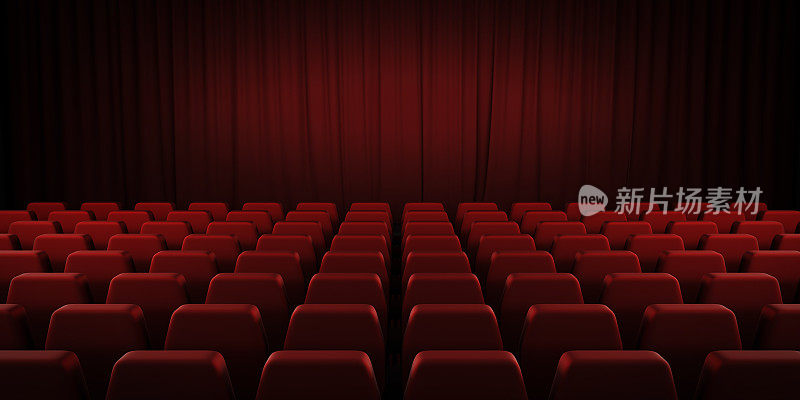 封闭的剧院红色的窗帘和座位。3 d。